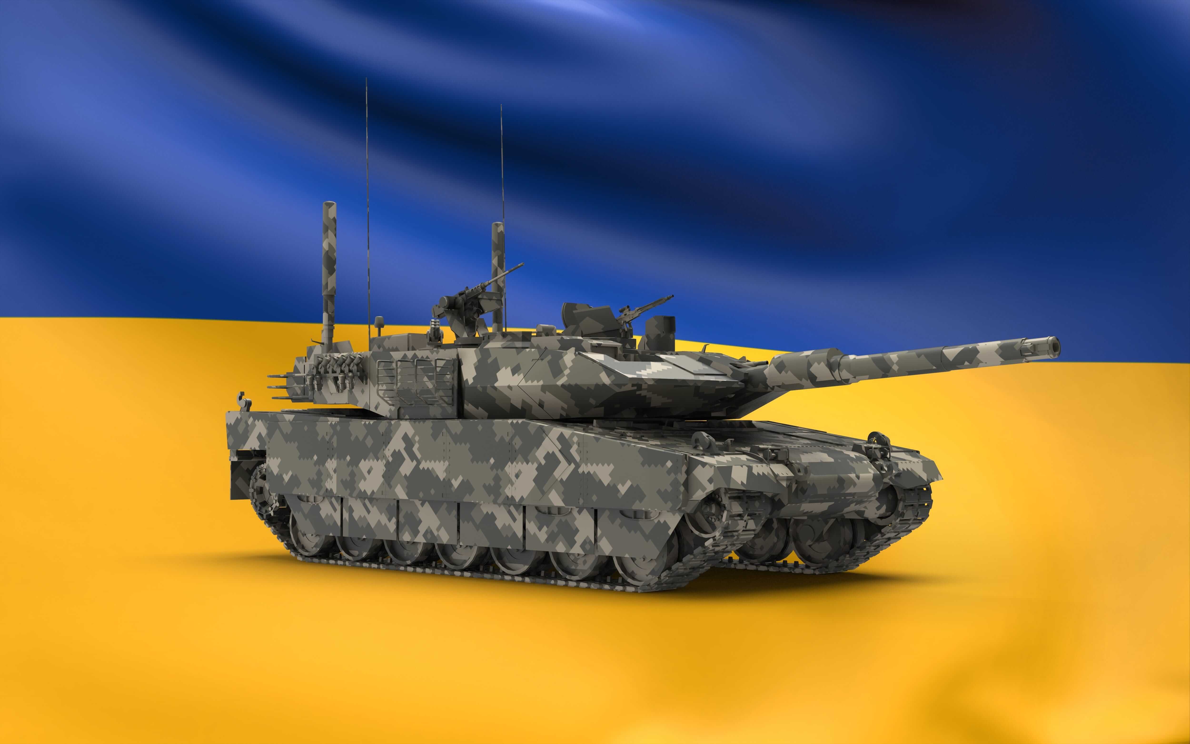 a tank in front of a Ukrainian flag