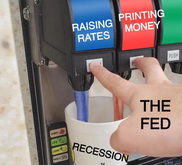 someone pushing two buttons at the same time on a soda machine with the hands labeled the fed, the cup labeled recession, and the two sodas labeled raising rates and printing money