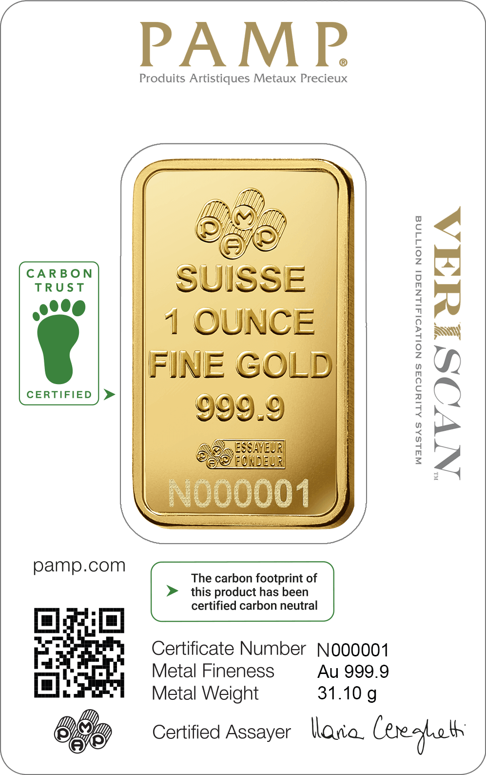 The obverse side of the Carbon Neutral Lady Fortuna gold bar Veriscan packaging