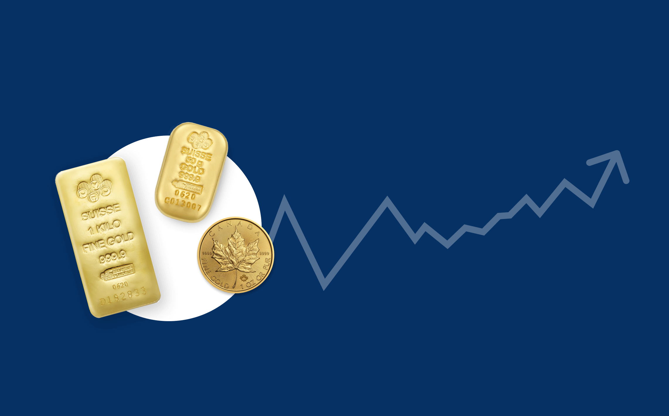 pamp suisse gold bars and a canada maple leaf coin on a blue background